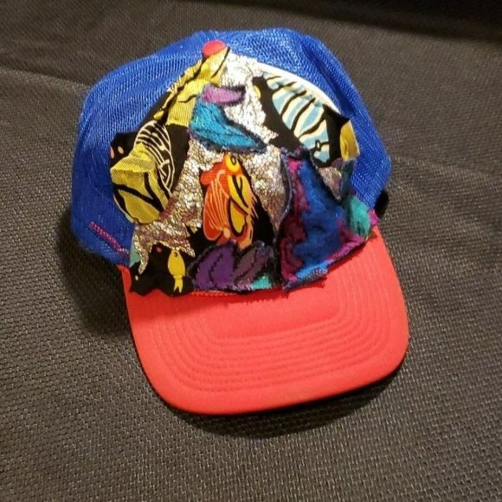 Trucker Hat, Custom , Patchwork Red/Blk Euc - image 1